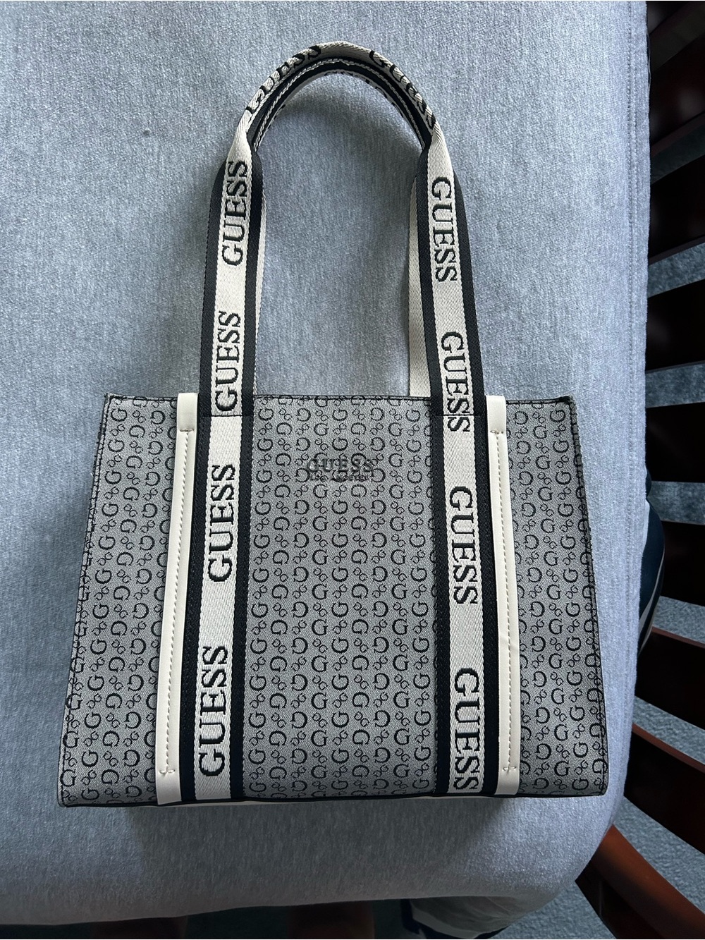 GUESS Logo Monogram Tote Bag in Cream and Black